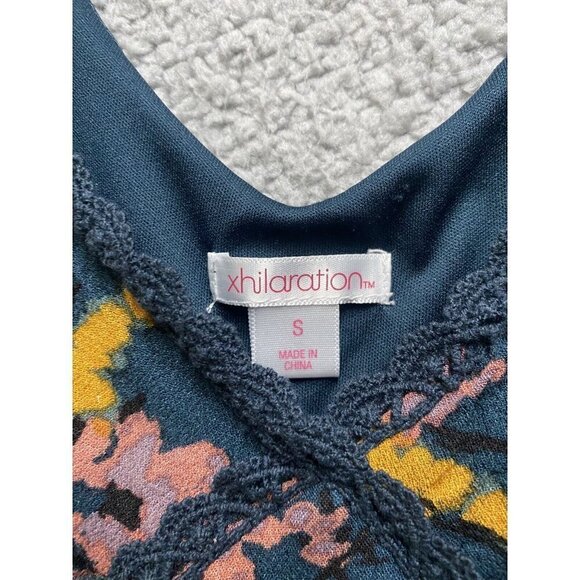 Xhilaration Teal Floral Print Babydoll Dress Small S Long Sleeve Mini Cross Back - Picture 3 of 10